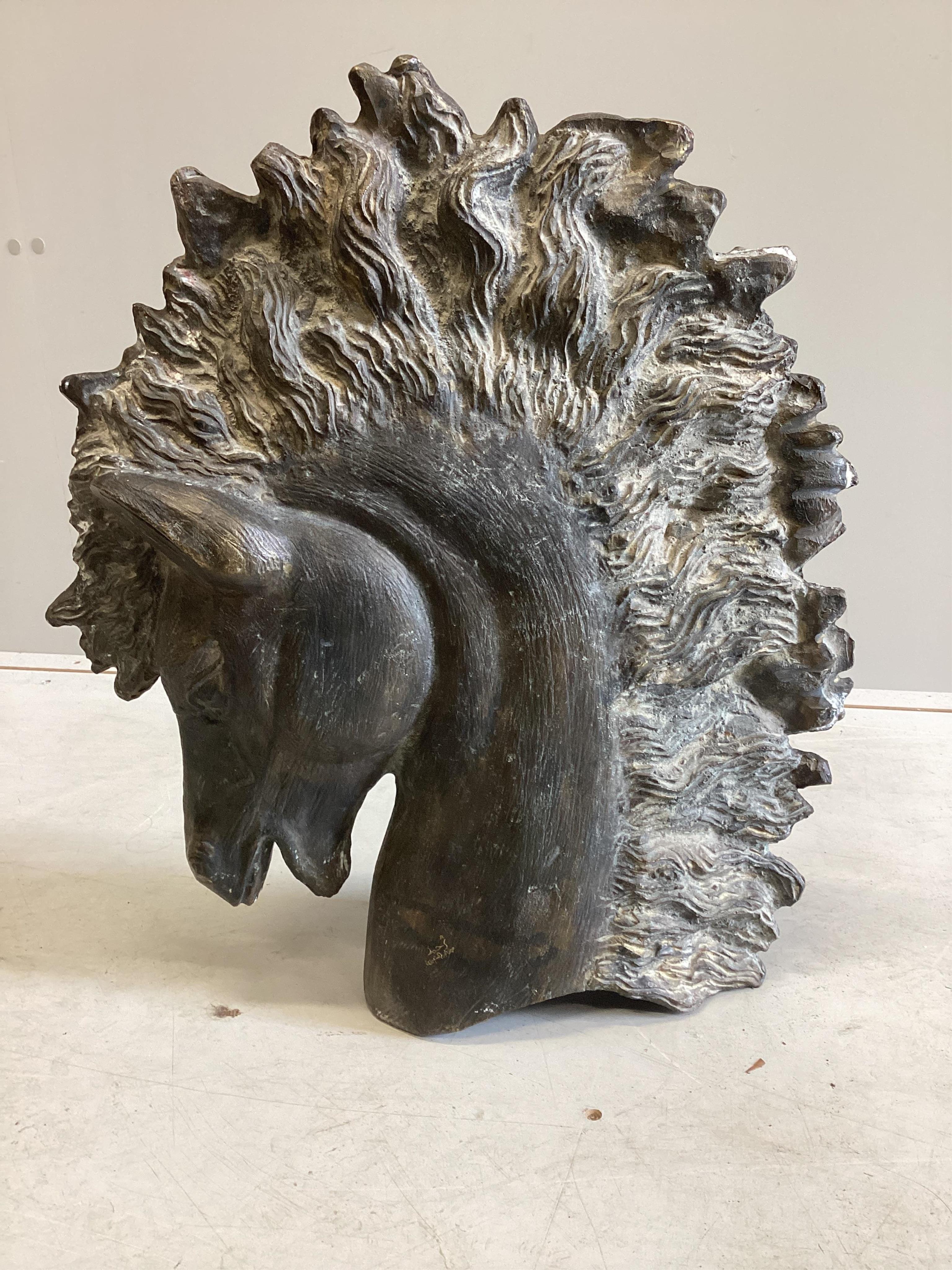 A mid century bronze of a stallion's head, bears gilt signature, width 46cm, height 51cm